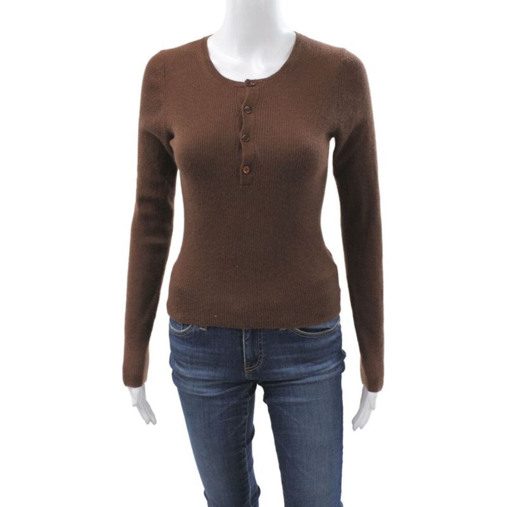 The Tile Club Womens Cashmere Brown Henley Sweater Round Neck Size 2XS